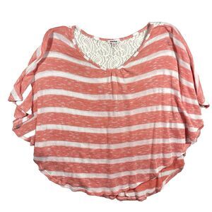Bongo Blouse 2X Plus Size Coral Orange White Striped Batwing Sleeve Boho Top